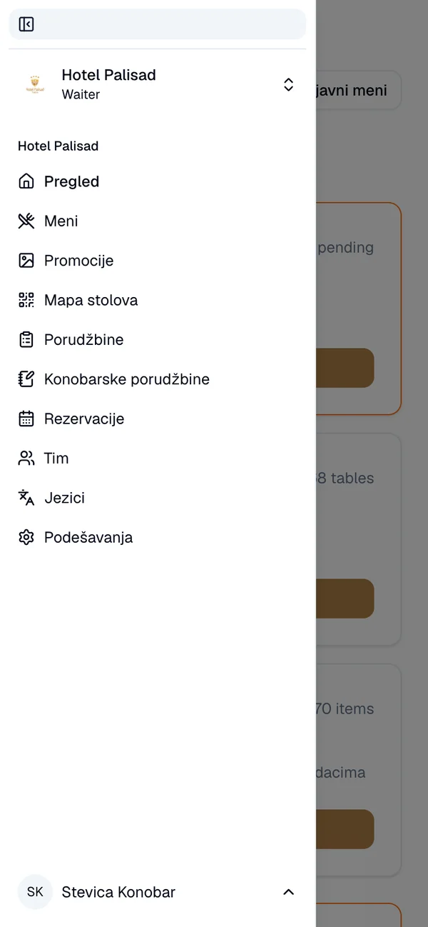 Bočni meni sa stavkama Porudžbine i Konobarske porudžbine