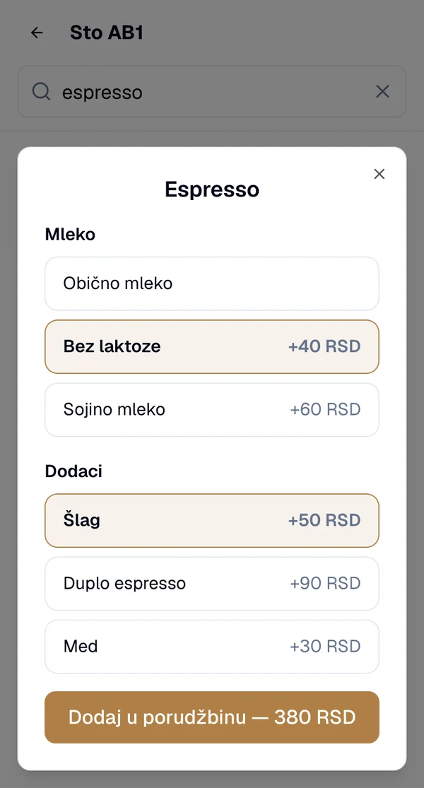 Prozor sa dodacima, izabrani Bez laktoze i Šlag