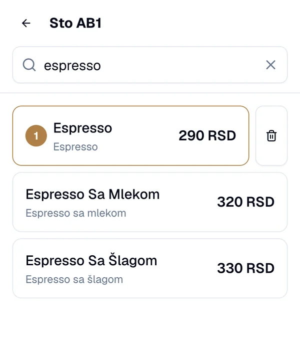 Artikal Espresso sa krugom broj 1 i dugmetom za brisanje