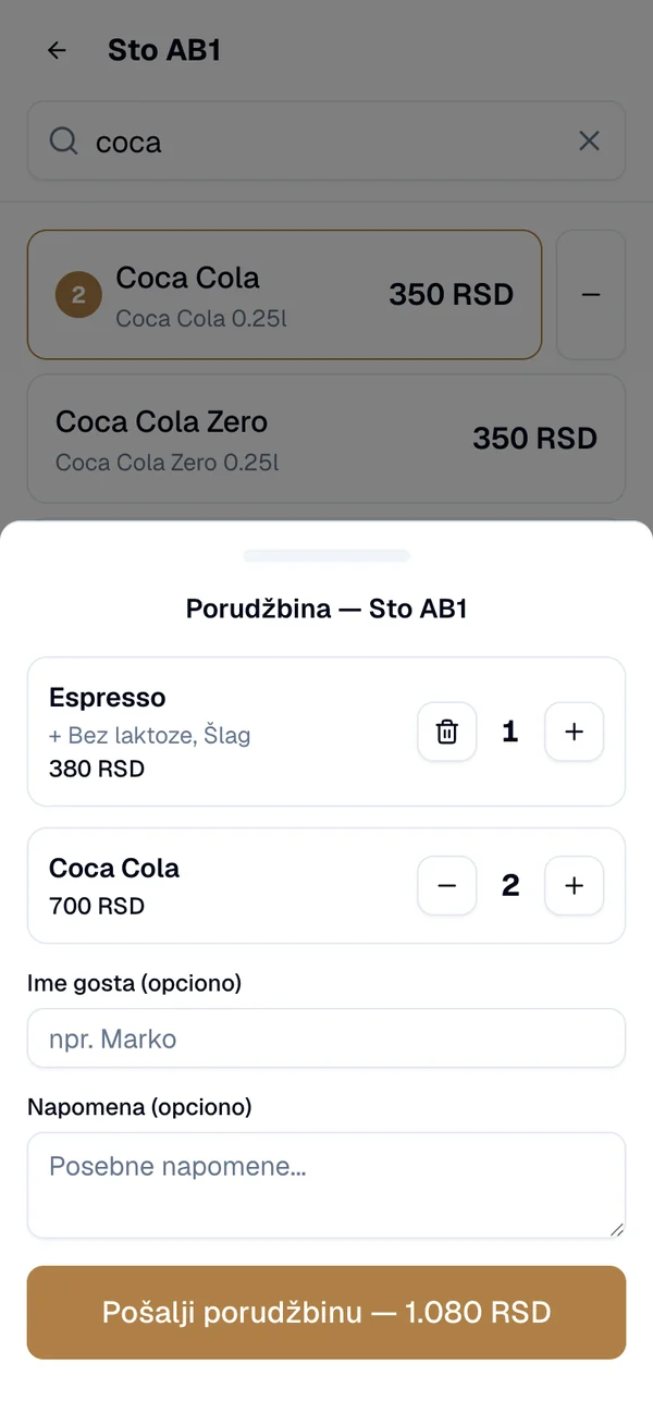 Pregled porudžbine sa artiklima i dugmadima za količinu