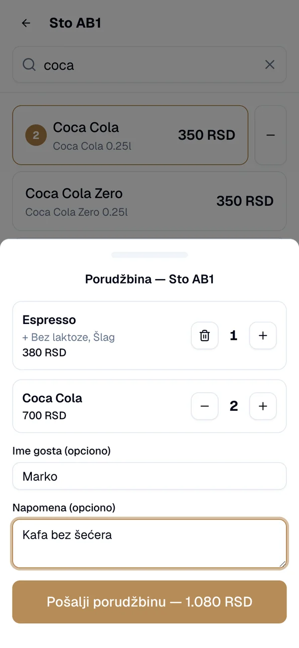Popunjeno ime gosta i napomena, dugme Pošalji porudžbinu