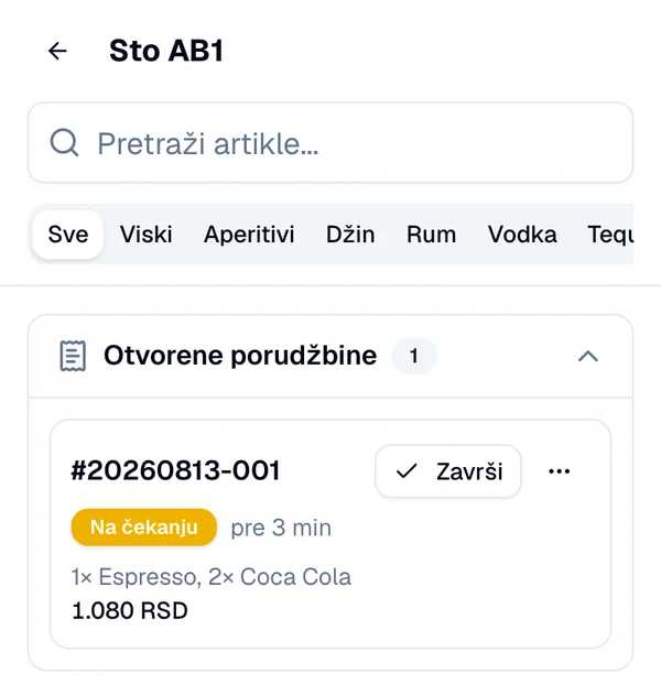 Otvorena porudžbina sa statusom Na čekanju i dugmetom Završi