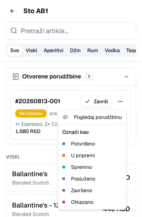 Meni sa opcijama Pogledaj porudžbinu i spiskom statusa