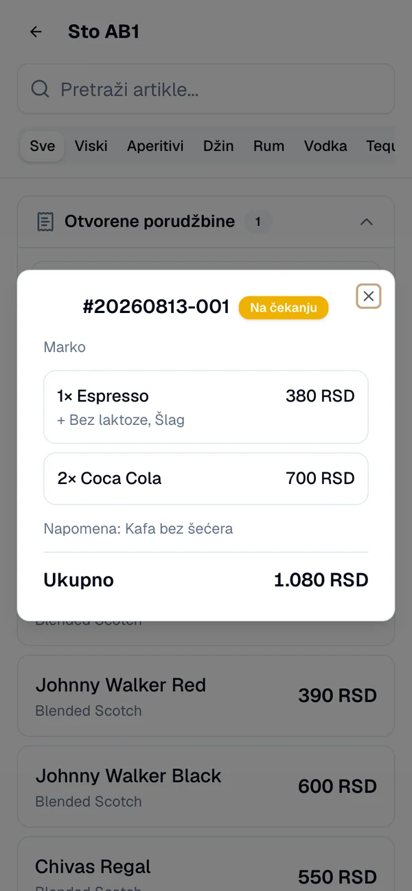 Detalji porudžbine sa artiklima, dodacima i napomenom