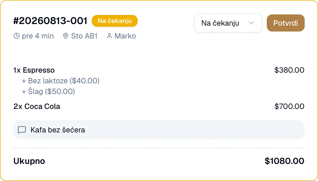 Kartica porudžbine broj 20260813-001 sa statusom Na čekanju
